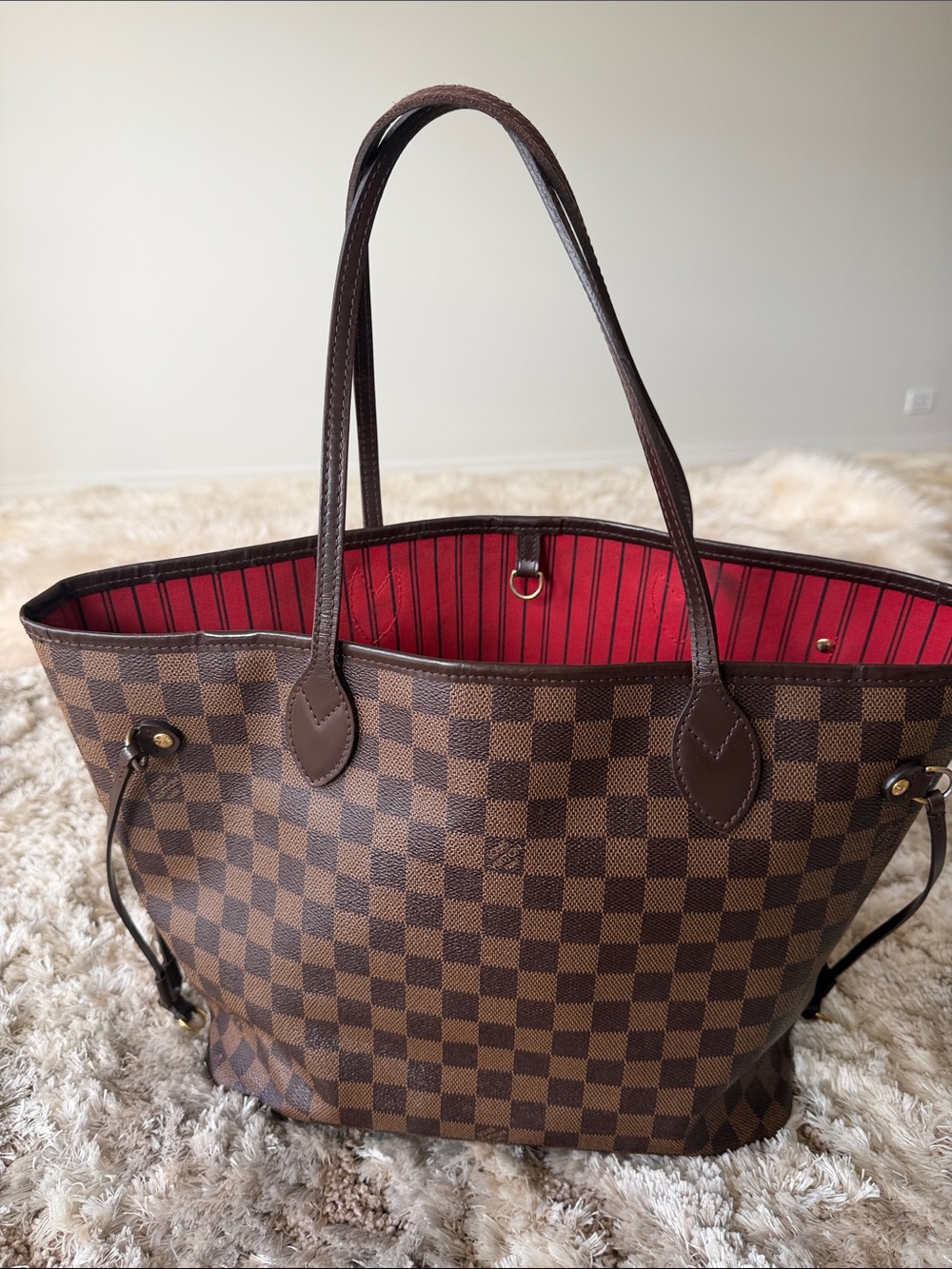 Louis Vuitton Damier Ebene Tote with Red Stripe Interior